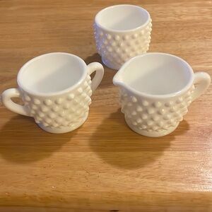 Vintage Fenton Hobnail Milk Glass set of 3 - Small Creamer, Sugar, Set
